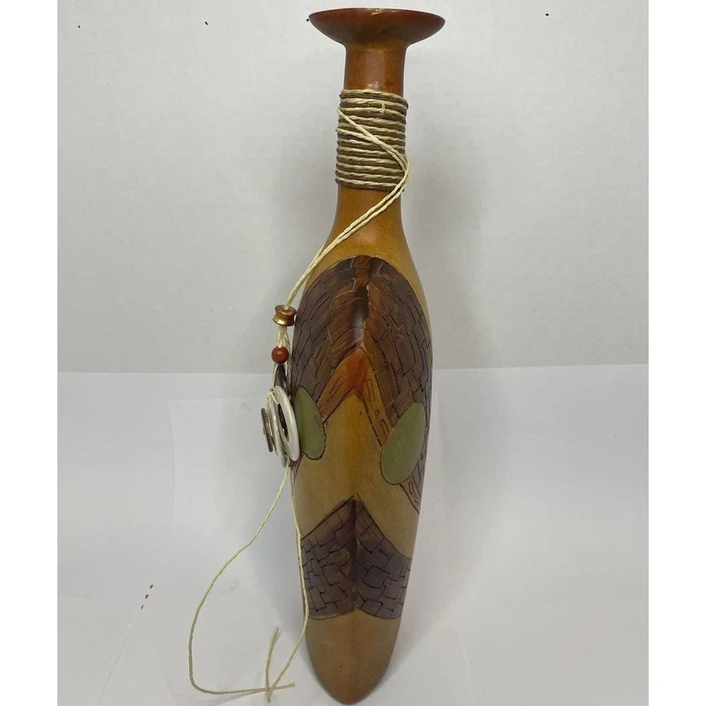 Vtg. MCM Large Polystone Vase Bottle Faux Wood Beaded Cabin Rustic Decor Rare